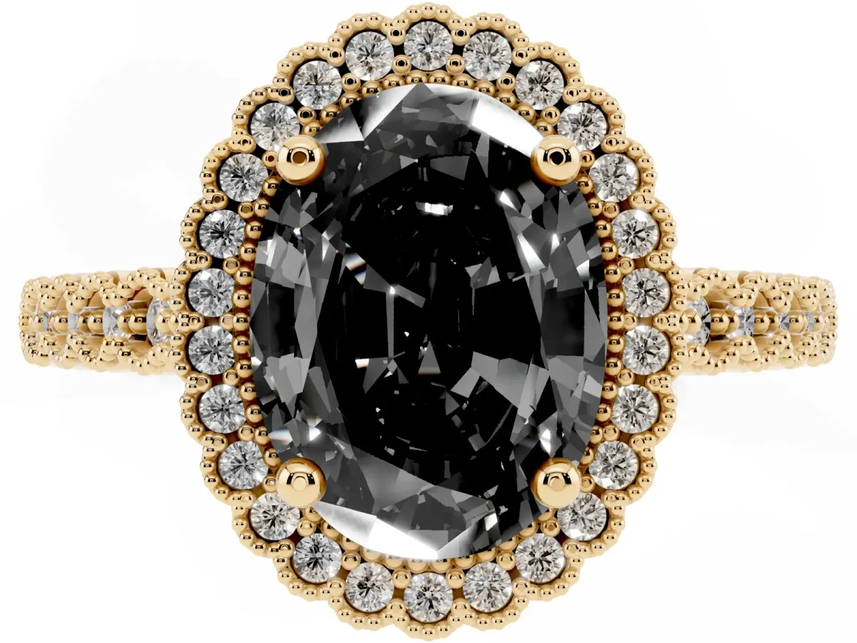 Fancy Black Oval Cut Cut Halo Pavé Solitaire Ring with Milgrain Band Yellow gold