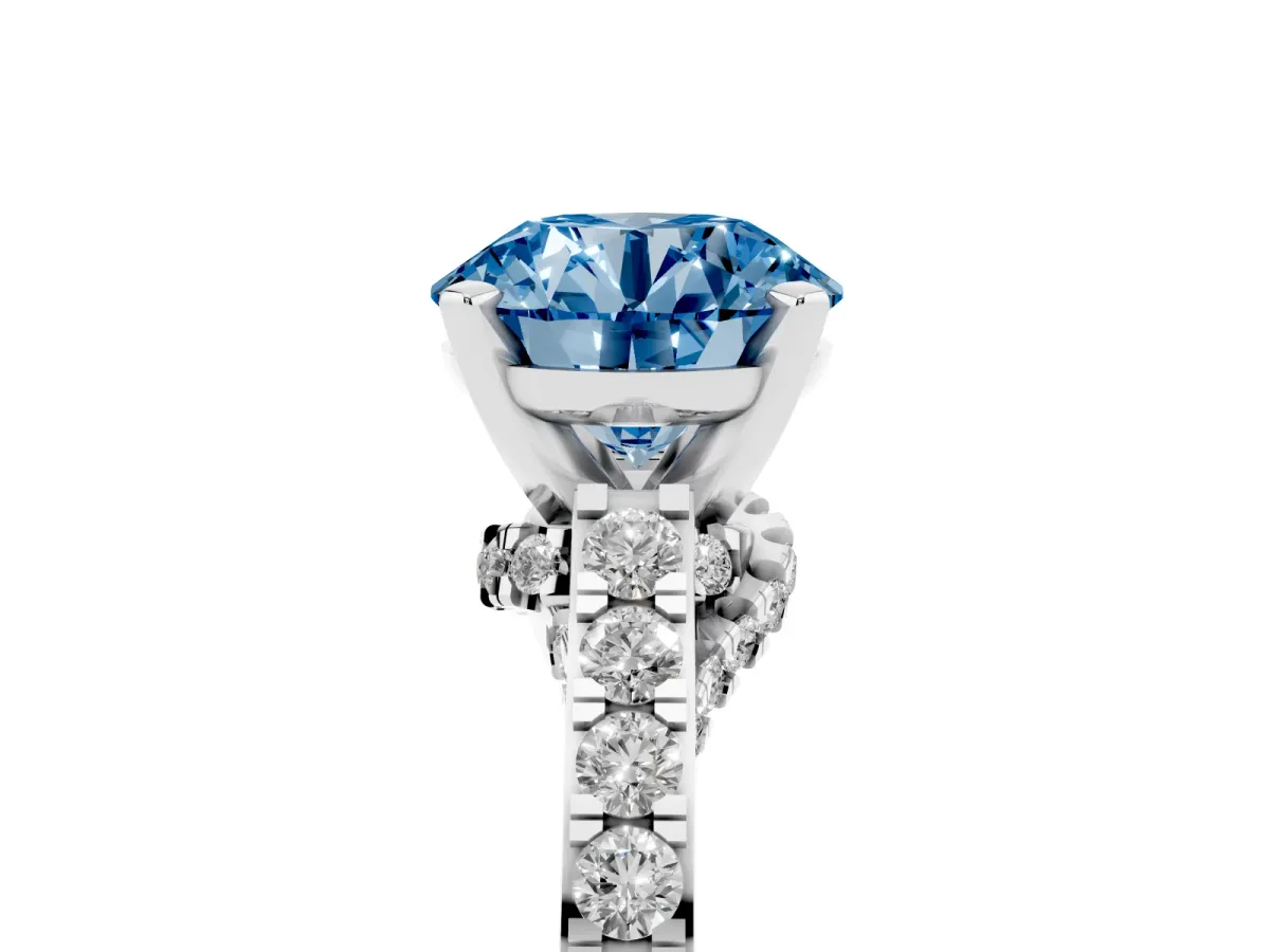 Fancy Blue Round Cut Diamond Solitaire Ring with Crossover Gallery and Round Pavé Band Silver