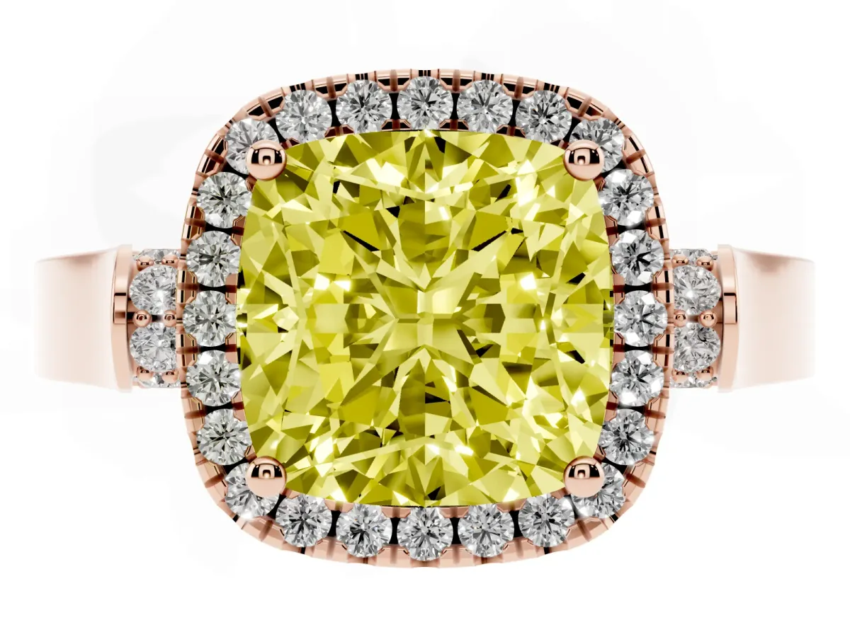 Fancy Yellow Cushion Cut Halo Pave Split Shank Prong Setting Ring Rose gold