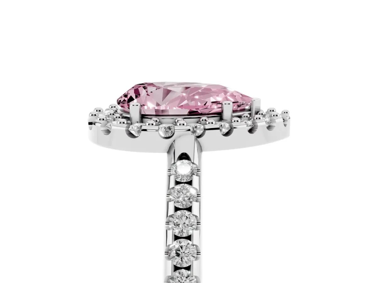 Fancy Pink Pear Cut Diamond Pavé Halo Ring with Four-Prong Setting Platinum
