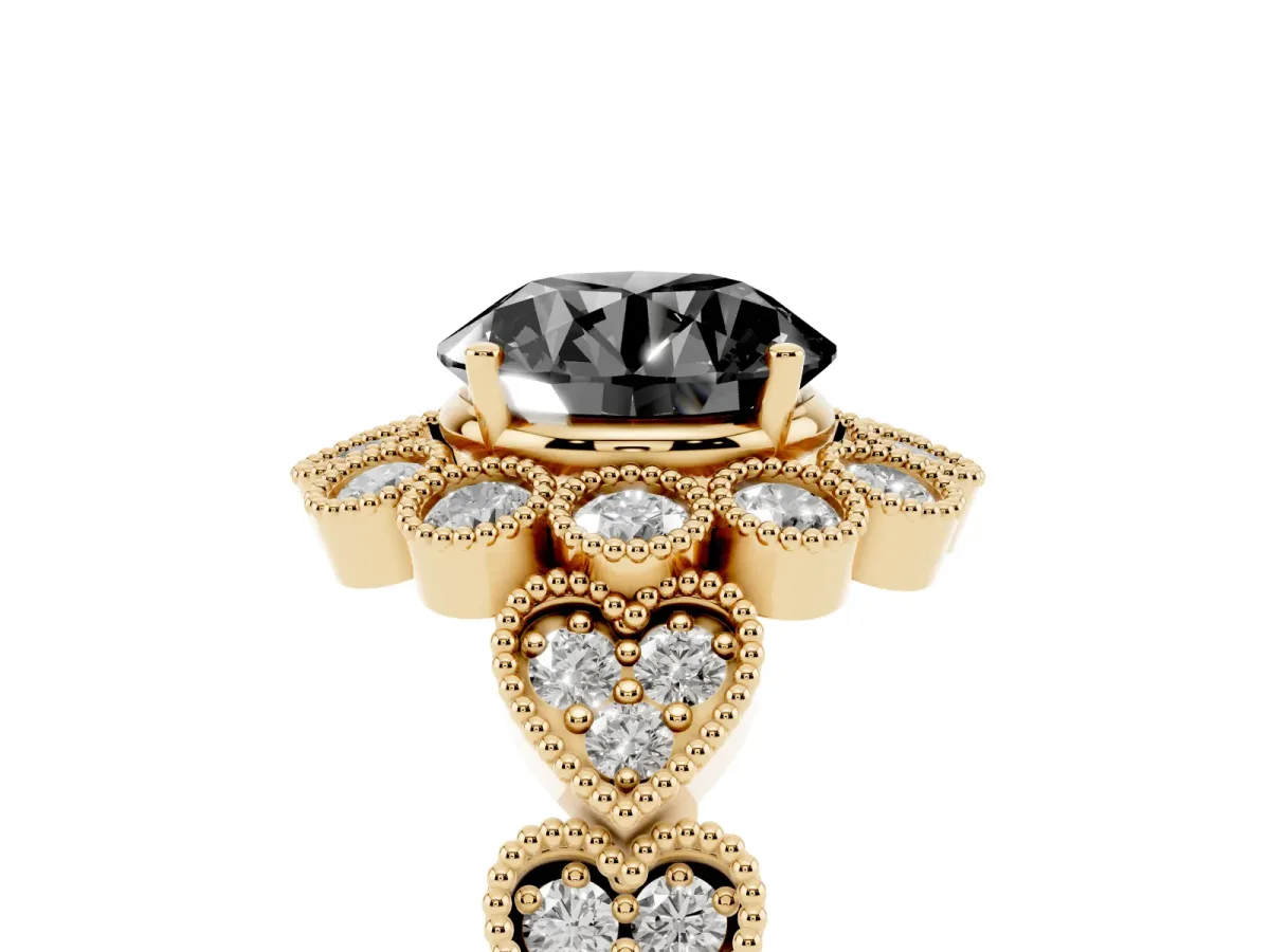 Fancy Black Round Cut Brilliant Milgrain Pave Heart Band Solitaire Ring Yellow gold