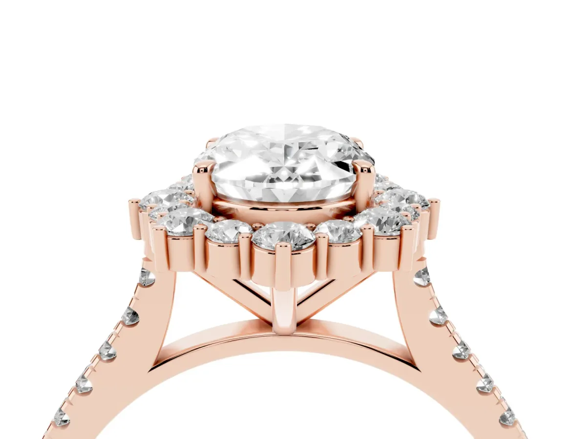 Oval Cut Halo Diamond Ring with Pavé Band and Prong Setting Rose gold