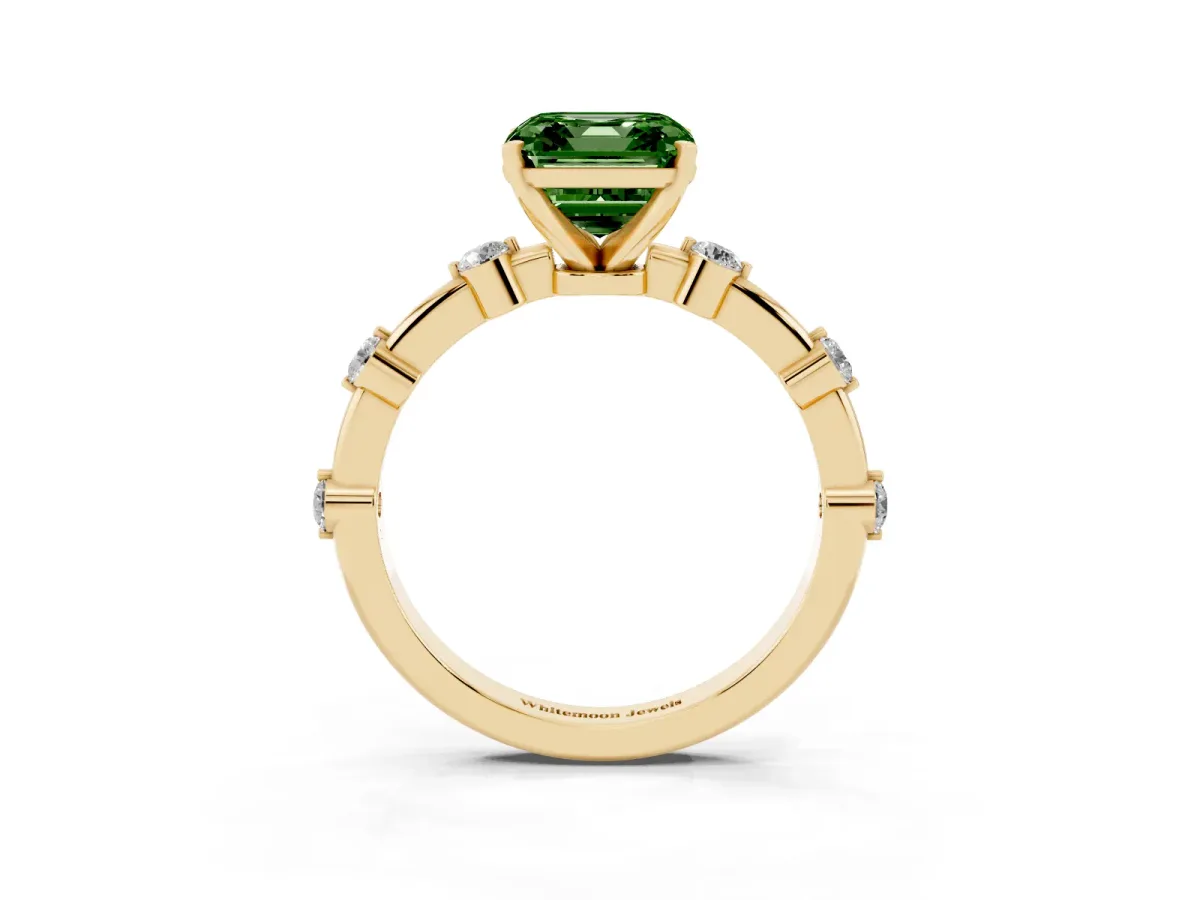 Fancy Green Asscher Cut Solitaire Diamond Ring with Bezel Set Side Stones and Prong Setting Yellow gold