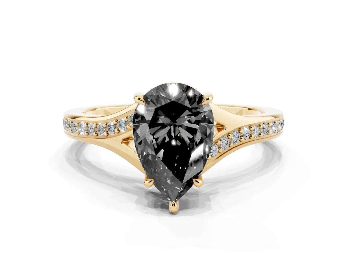 Fancy Black Pear Cut Diamond Solitaire Ring with Pavé Band and Prong Setting Yellow gold
