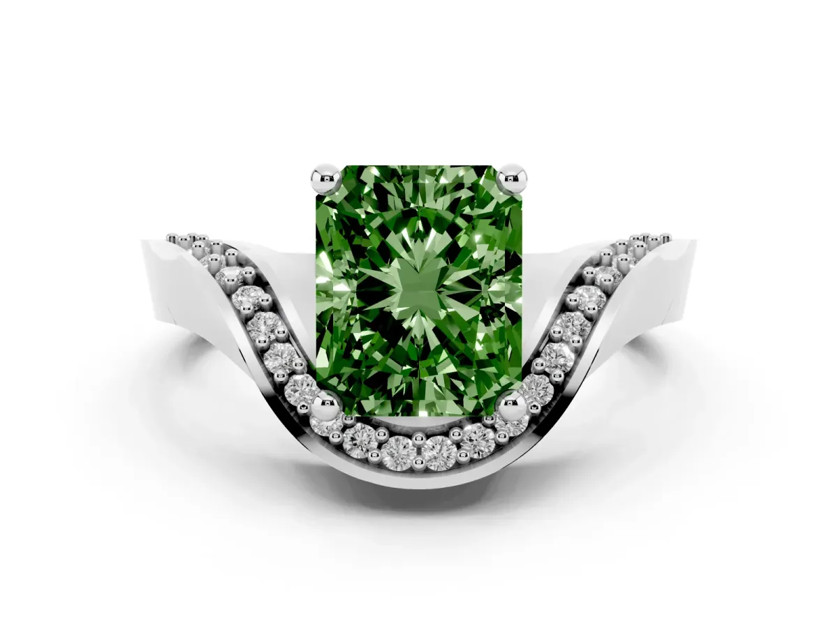 Fancy Green Radiant Cut Solitaire Diamond Engagement Ring with Pave Band and Four-Prong Setting Platinum