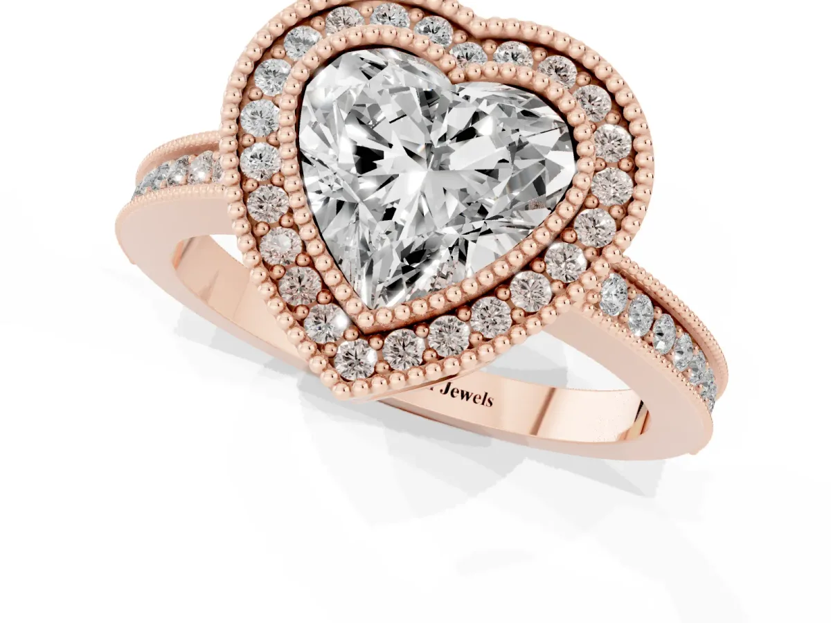 Heart Cut Cut Halo Diamond Ring with Pavé Band and Milgrain Prong Setting Rose gold