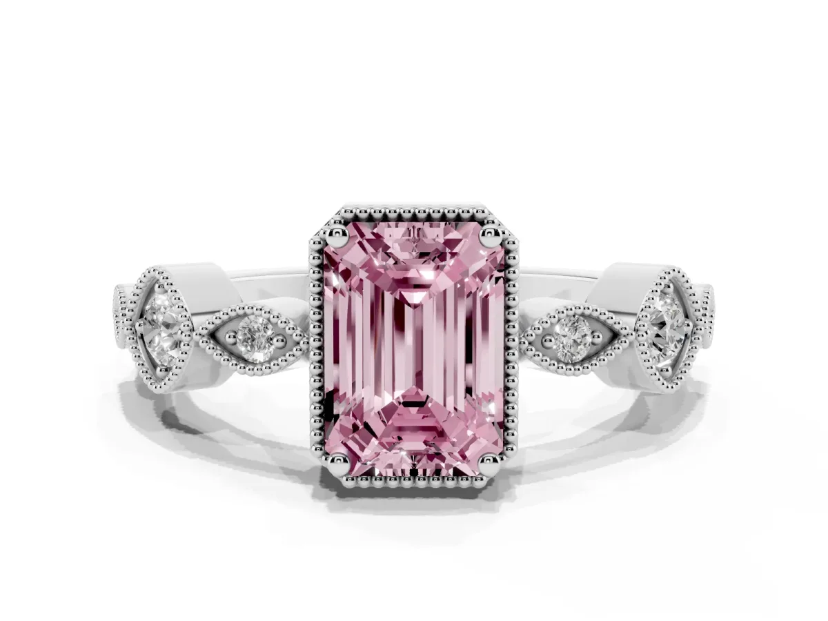Fancy Pink Emerald Cut Diamond Vintage Milgrain Ring with Round Stations Silver