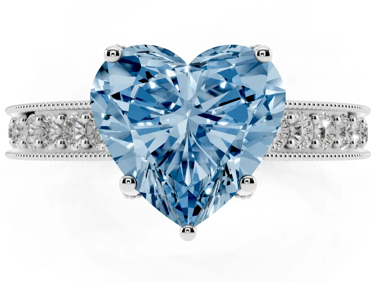 Fancy Blue Heart Cut Cut Diamond Solitaire Ring with Milgrain Pave Band and Four Prong Setting Platinum