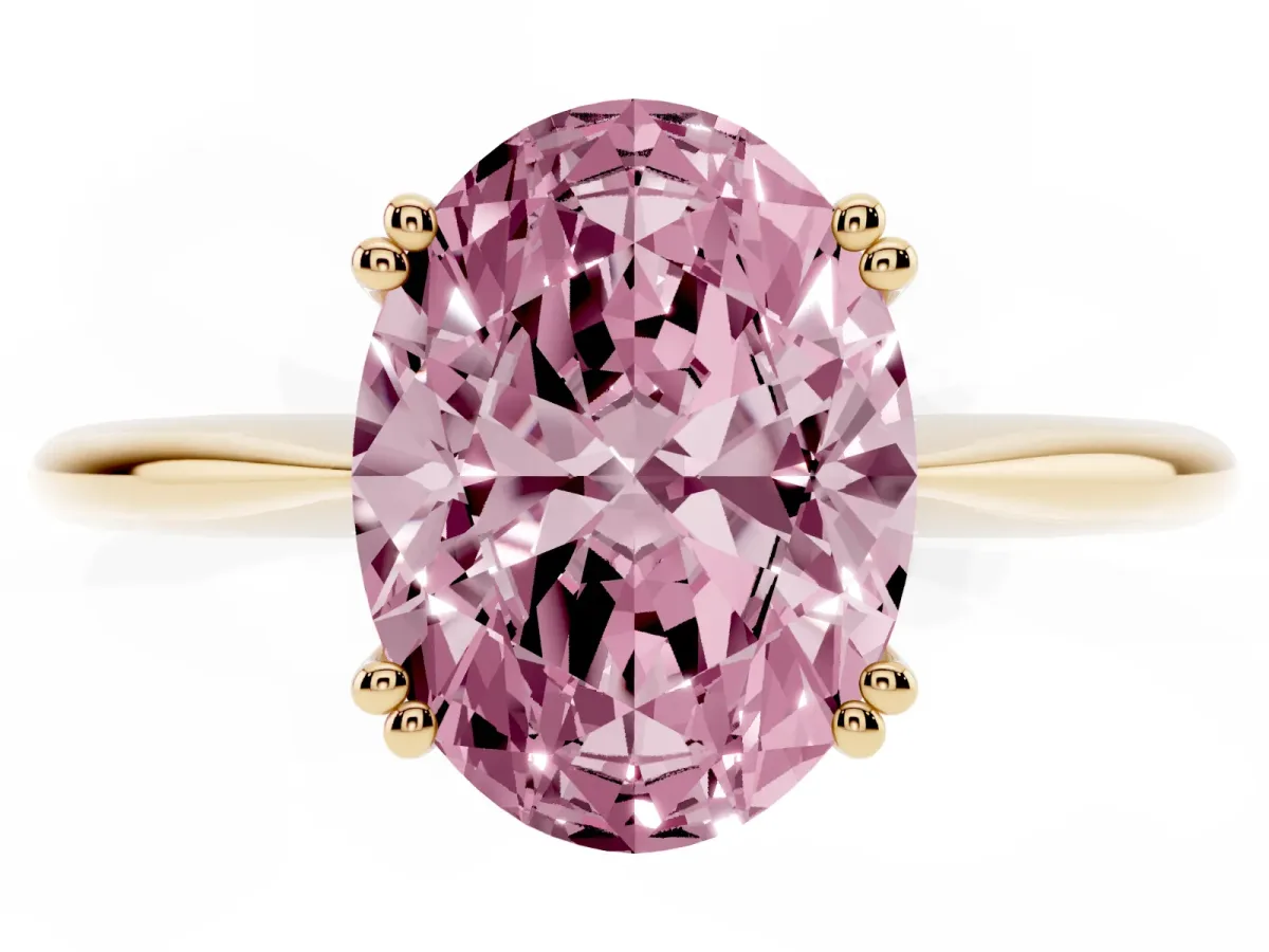 Fancy Pink Oval Cut Solitaire Diamond Ring with Six-Prong Setting and Classic Band Yellow gold
