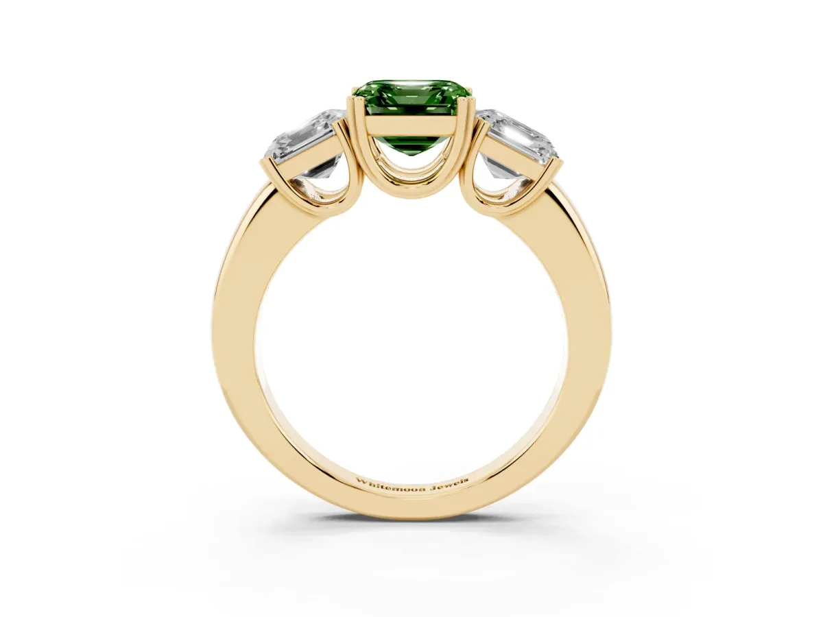 Fancy Green Three-Stone Asscher Cut Cut Diamond Ring with Channel Set Band and Four-Prong Setting Yellow gold