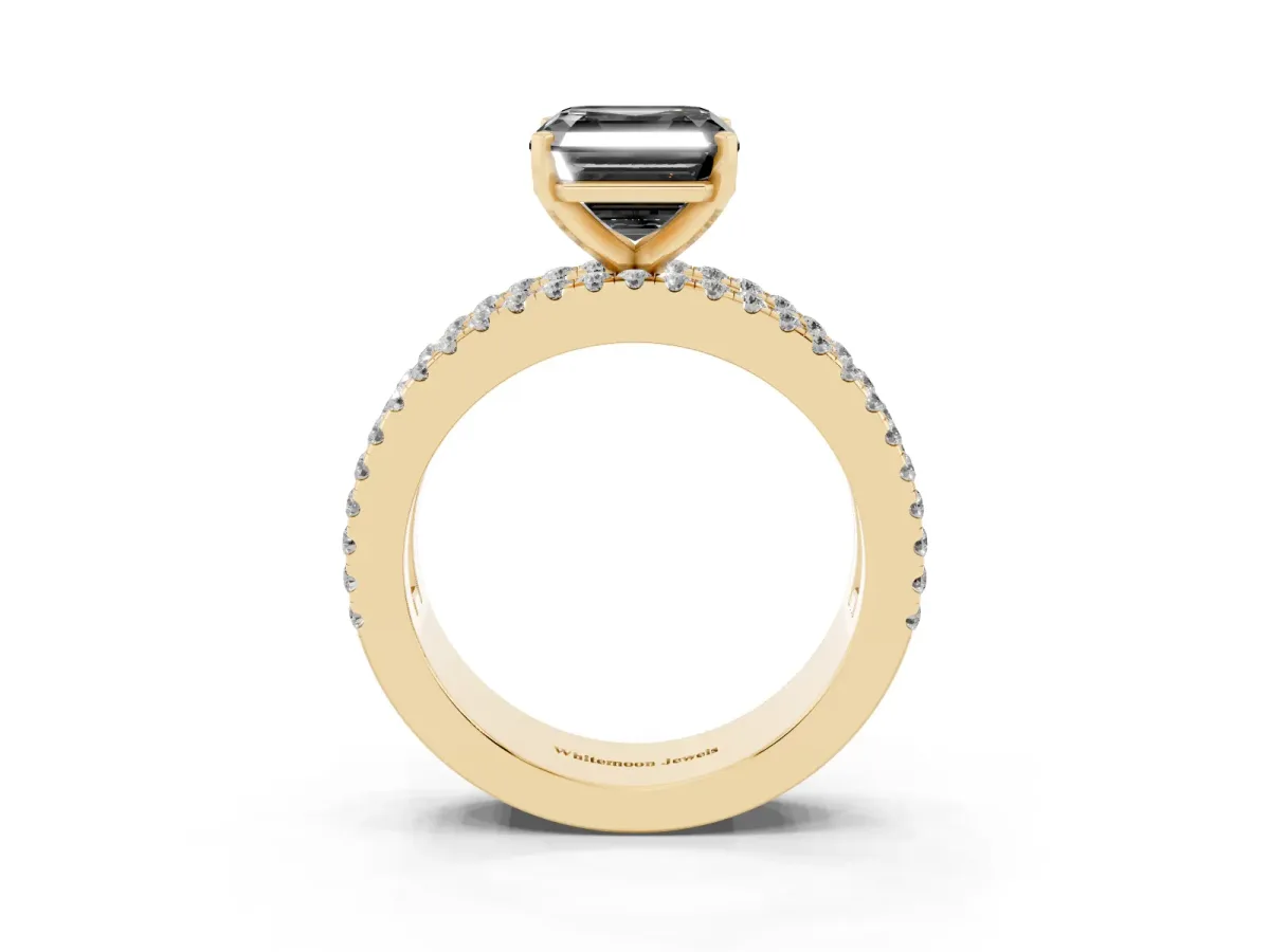 Fancy Black Asscher Cut Diamond Solitaire Ring with Pavé and Channel Set Band Yellow gold