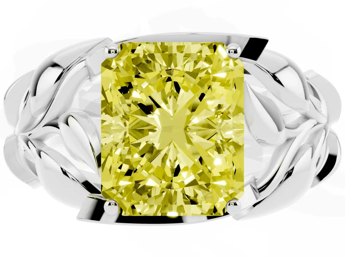 Fancy Yellow Radiant Cut Diamond Leaf-Inspired Engagement Ring with Round Accents and Prong Setting Silver