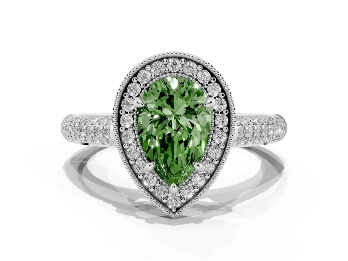 Fancy Green Pear Cut Cut Halo Diamond Pave Band with Four-Prong Setting Silver