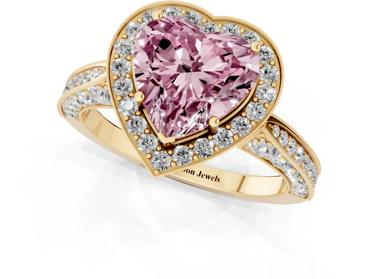 Fancy Pink Heart Cut Halo Diamond Engagement Ring with Split Shank Band and Four-Prong Setting Yellow gold