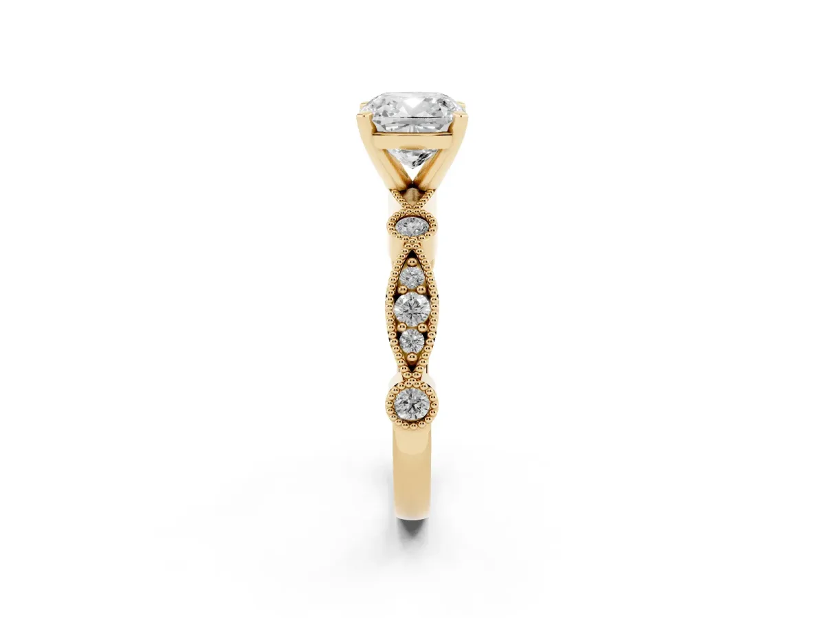 Cushion Cut Milgrain Bezel Diamond Engagement Ring with Solitaire Prong Setting Yellow gold