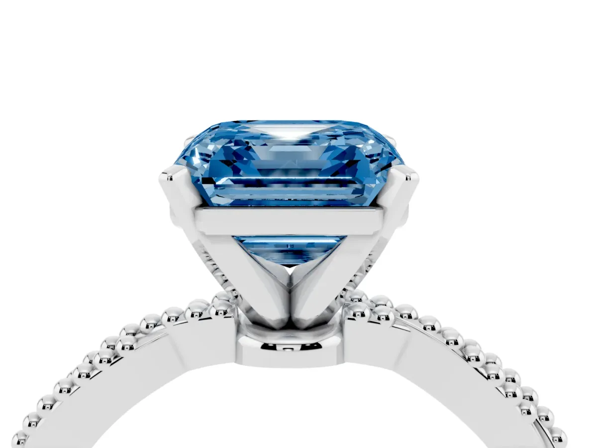 Fancy Blue Asscher Cut Solitaire Twisted Band with Bead Prong Setting White gold