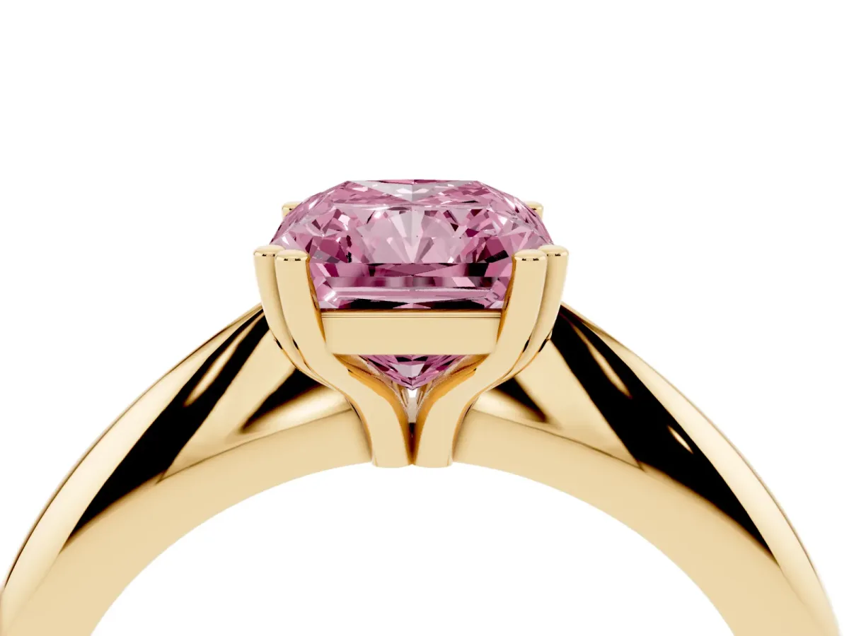 Fancy Pink Radiant Cut Cut Solitaire Engagement Ring with Tapered Band and Four-Prong Setting Yellow gold