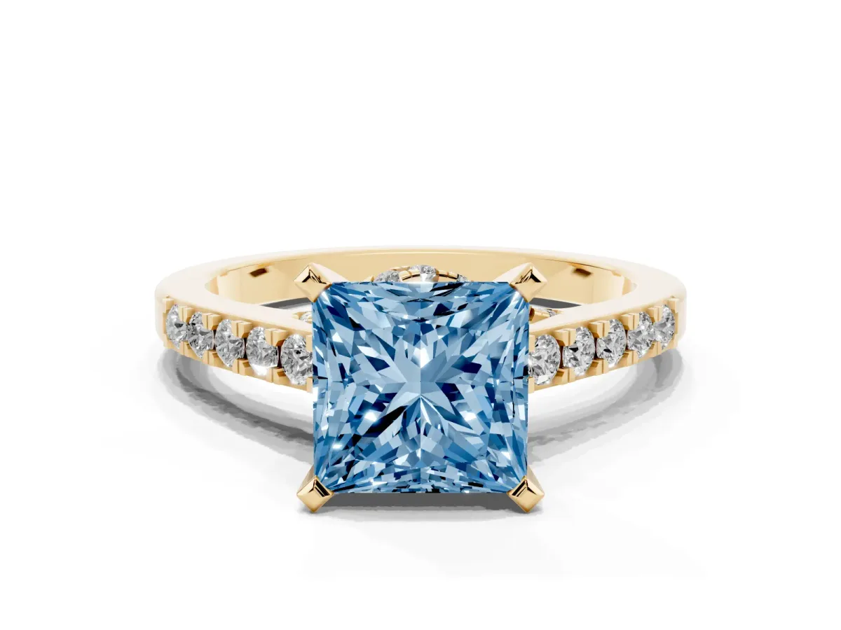 Fancy Blue Princess Cut Diamond Solitaire Ring with Crossover Gallery and Round Pavé Band Yellow gold
