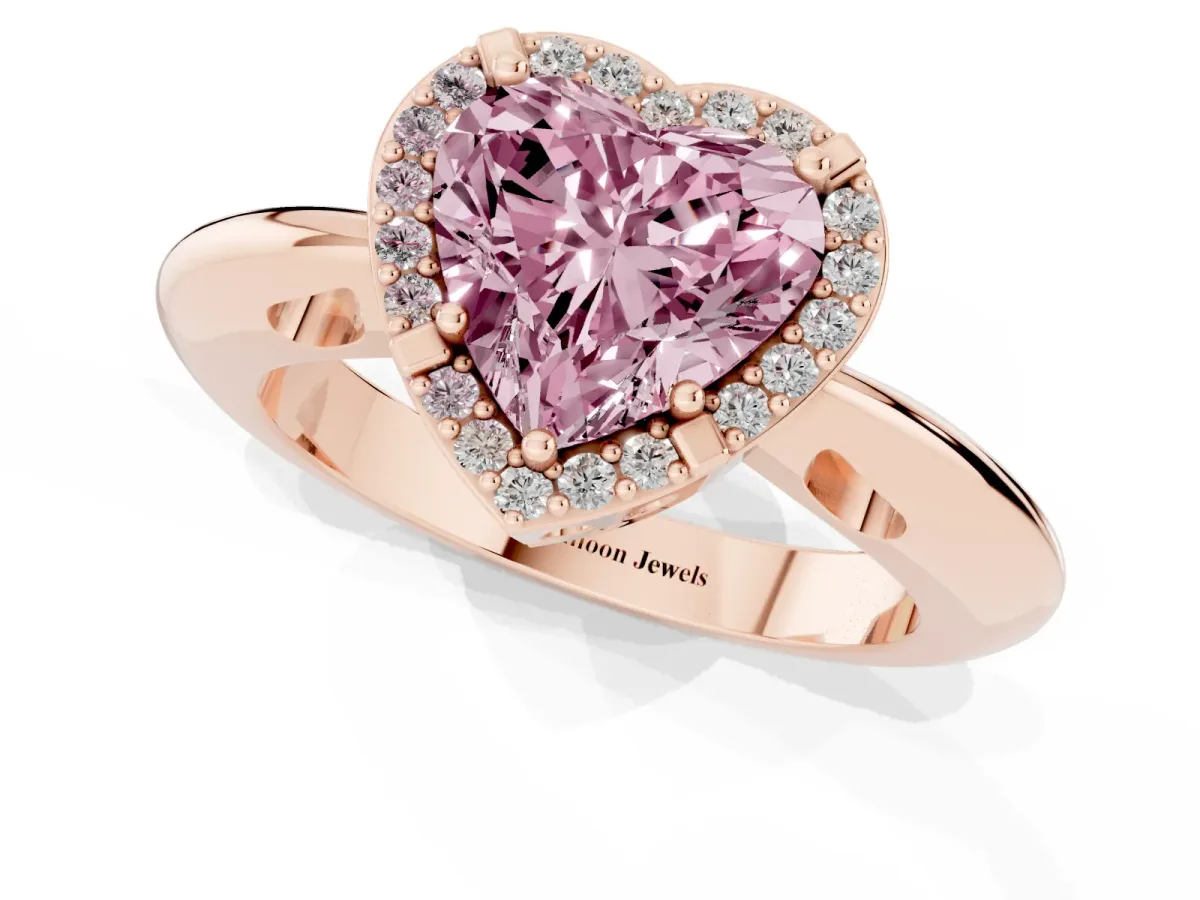 Fancy Pink Heart Cut Cut Diamond Halo Engagement Ring with Split Shank and Four-Prong Setting Rose gold