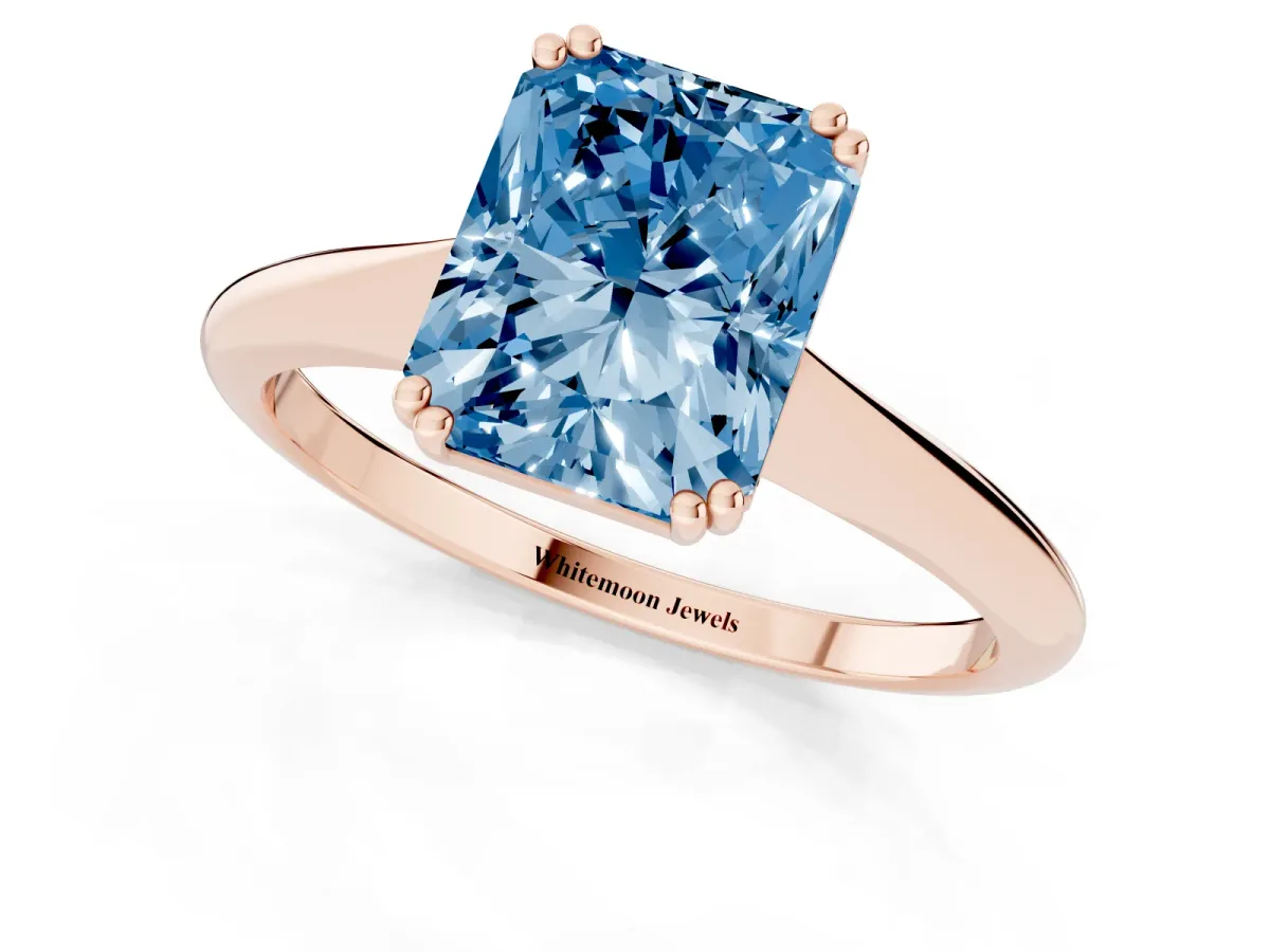 Fancy Blue Radiant Cut Solitaire Diamond Ring with Six-Prong Setting and Classic Band Rose gold