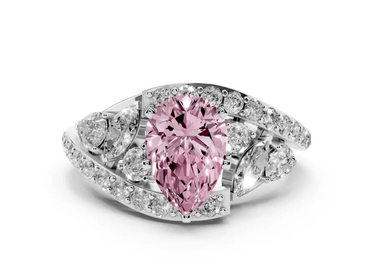 Fancy Pink Pear Cut Diamond Halo Ring with Marquise and Pavé Band in Prong Setting Platinum