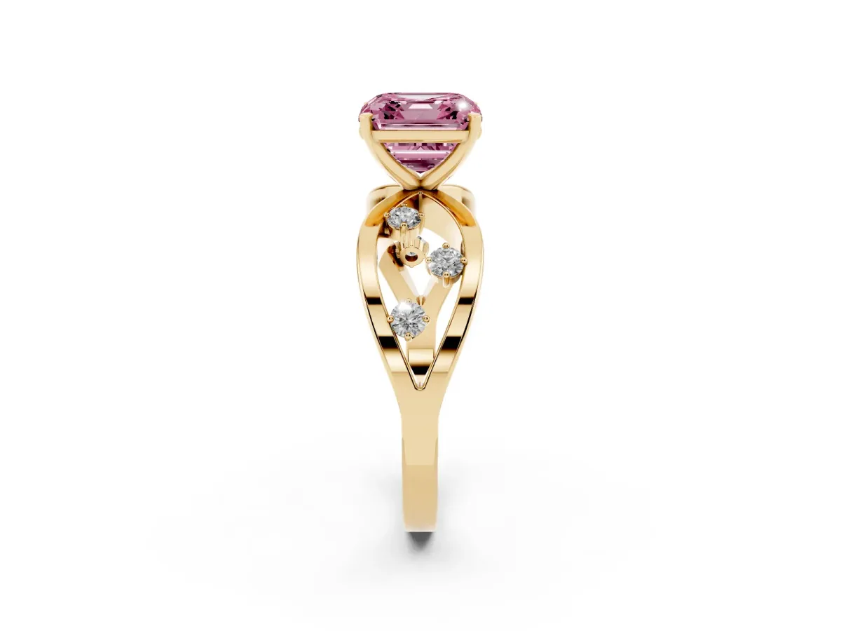 Fancy Pink Asscher Cut Cut Solitaire Diamond with Side Stones on Criss-Cross Band and Four-Prong Setting Yellow gold