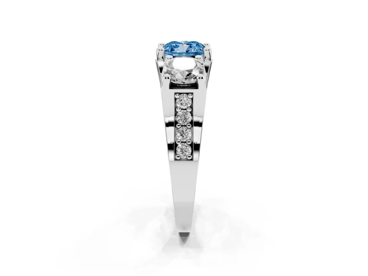 Fancy Blue Cushion Cut Diamond Three-Stone Ring with Channel Set Band and Four-Prong Setting Silver