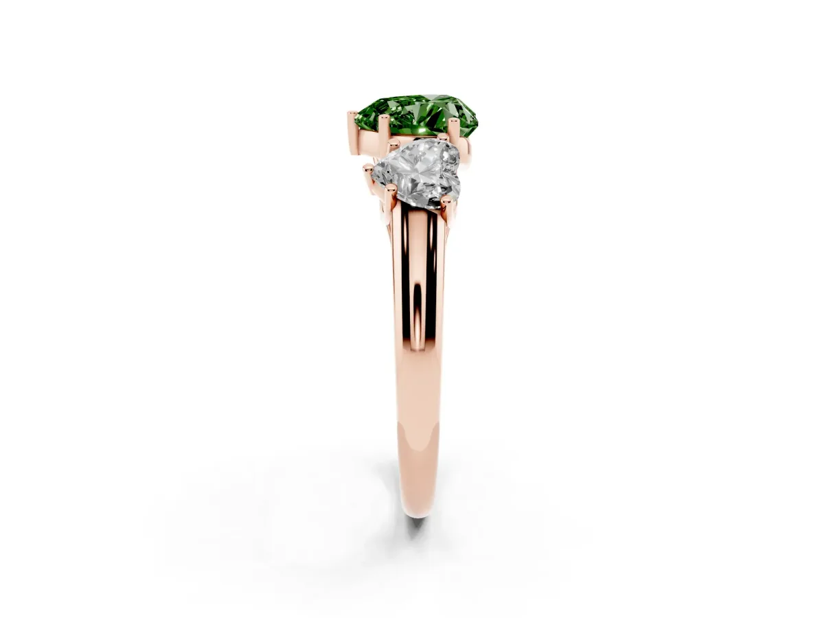 Fancy Green Three-Stone Heart Cut Diamond Engagement Ring with Prong Setting Rose gold