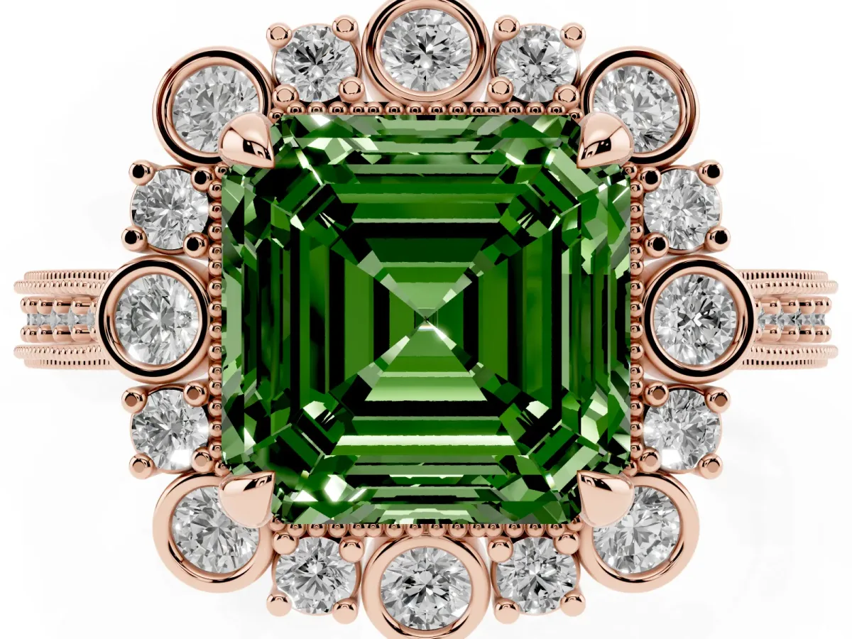 Fancy Green Asscher Cut Halo Milgrain Pave Diamond Ring with Four-Prong Setting Rose gold