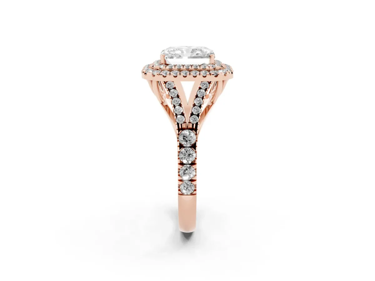 Double Halo Radiant Cut Diamond Split Shank Engagement Ring with Four-Prong Setting Rose gold