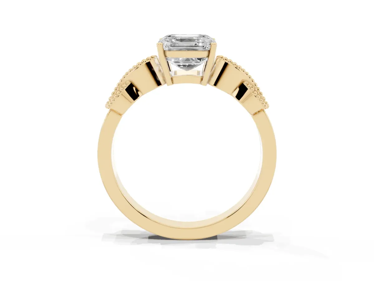 Asscher Cut Solitaire Milgrain Leaf Band with Prong Setting Yellow gold