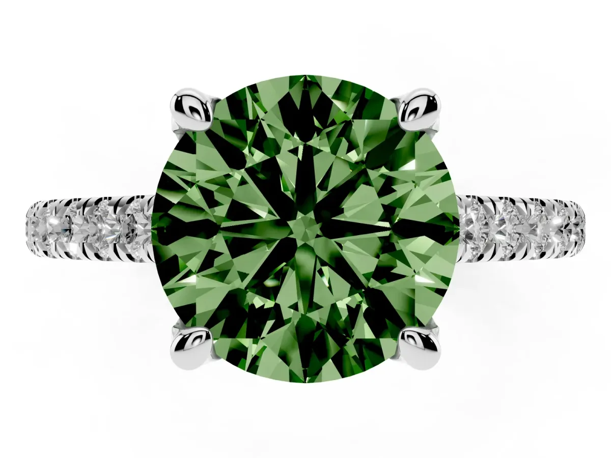 Fancy Green Round Cut Brilliant Diamond Solitaire with Pavé Band and Four-Prong Setting White gold