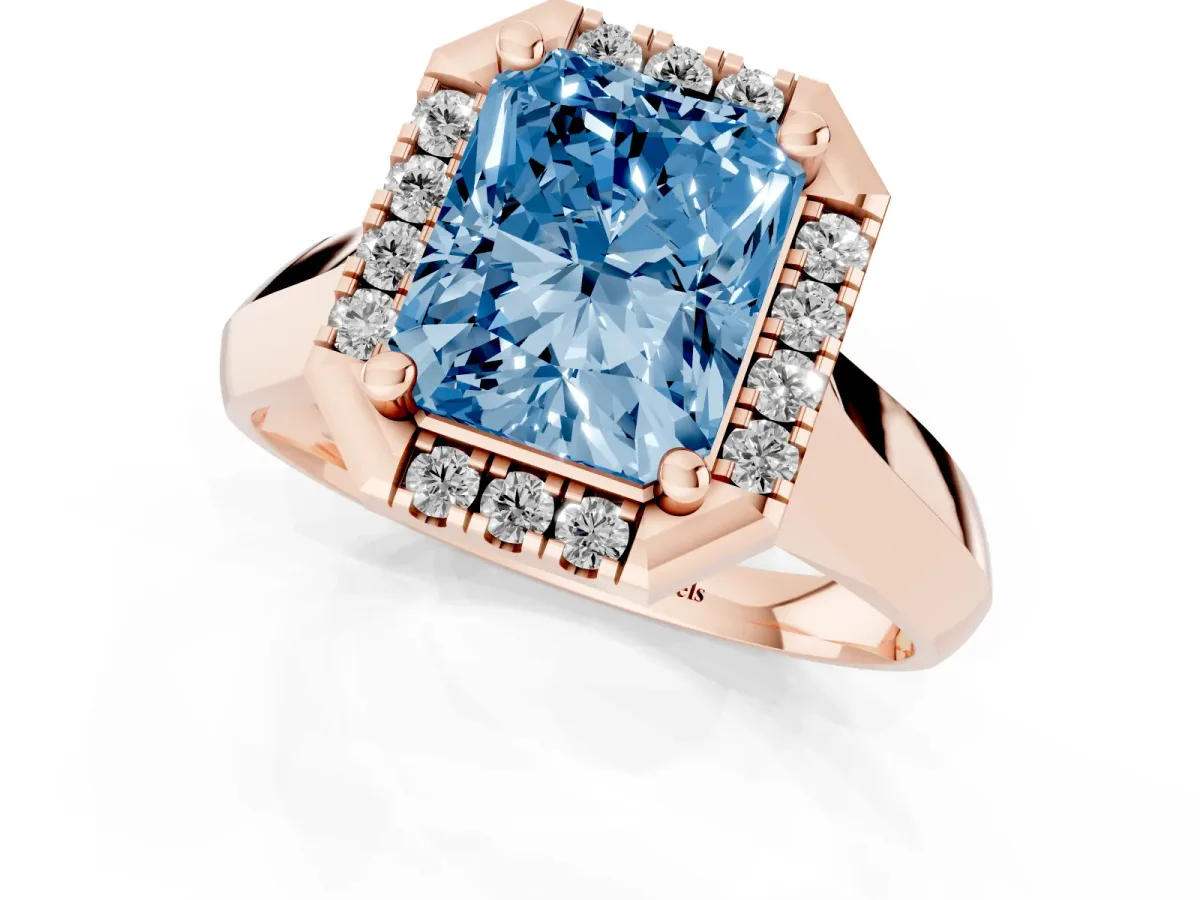 Fancy Blue Radiant Cut Cut Halo Solitaire Engagement Ring with Square Band and Four-Prong Setting Rose gold