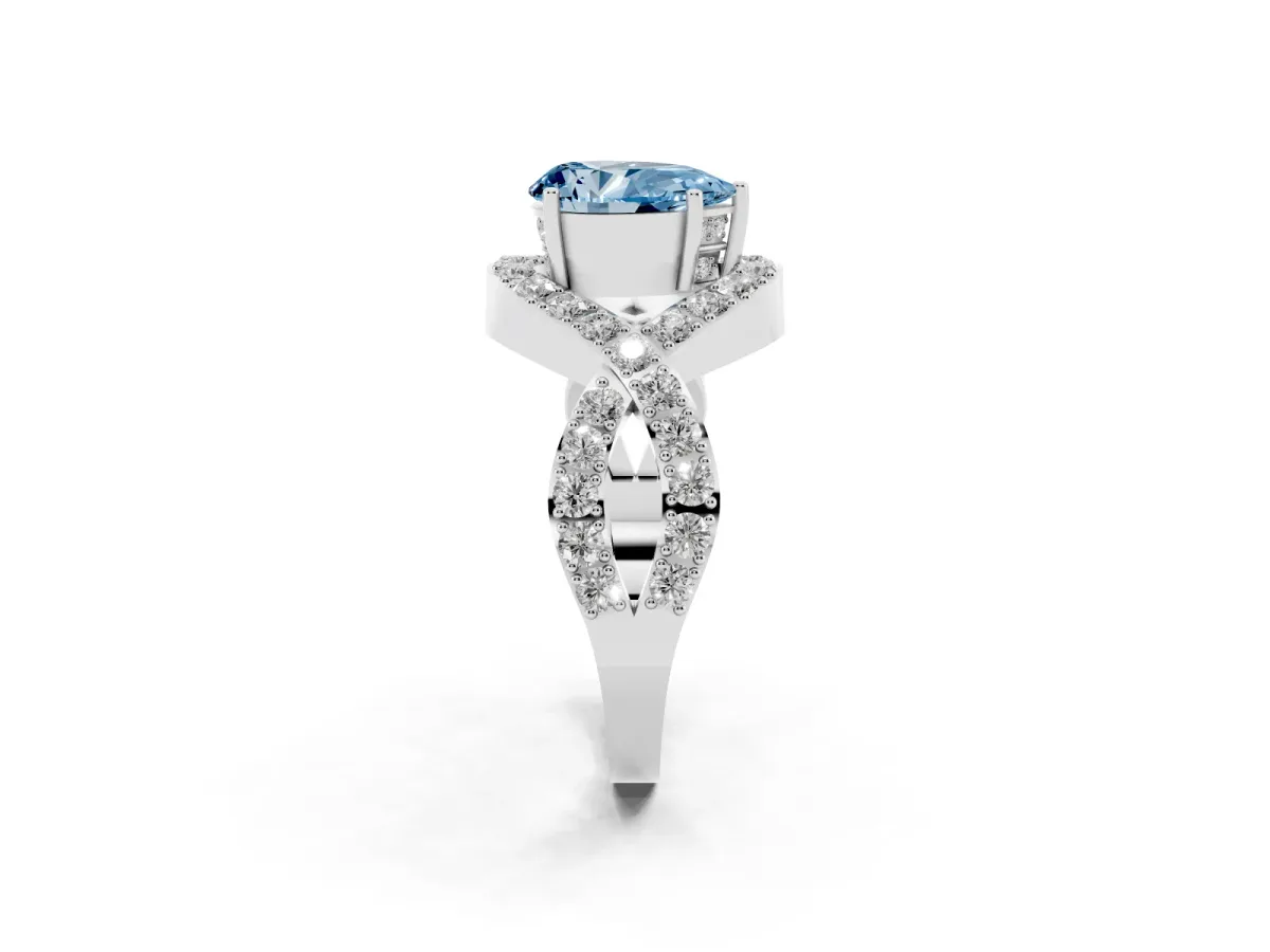 Fancy Blue Pear Cut Solitaire Twist Band Pavé Diamond Engagement Ring Silver