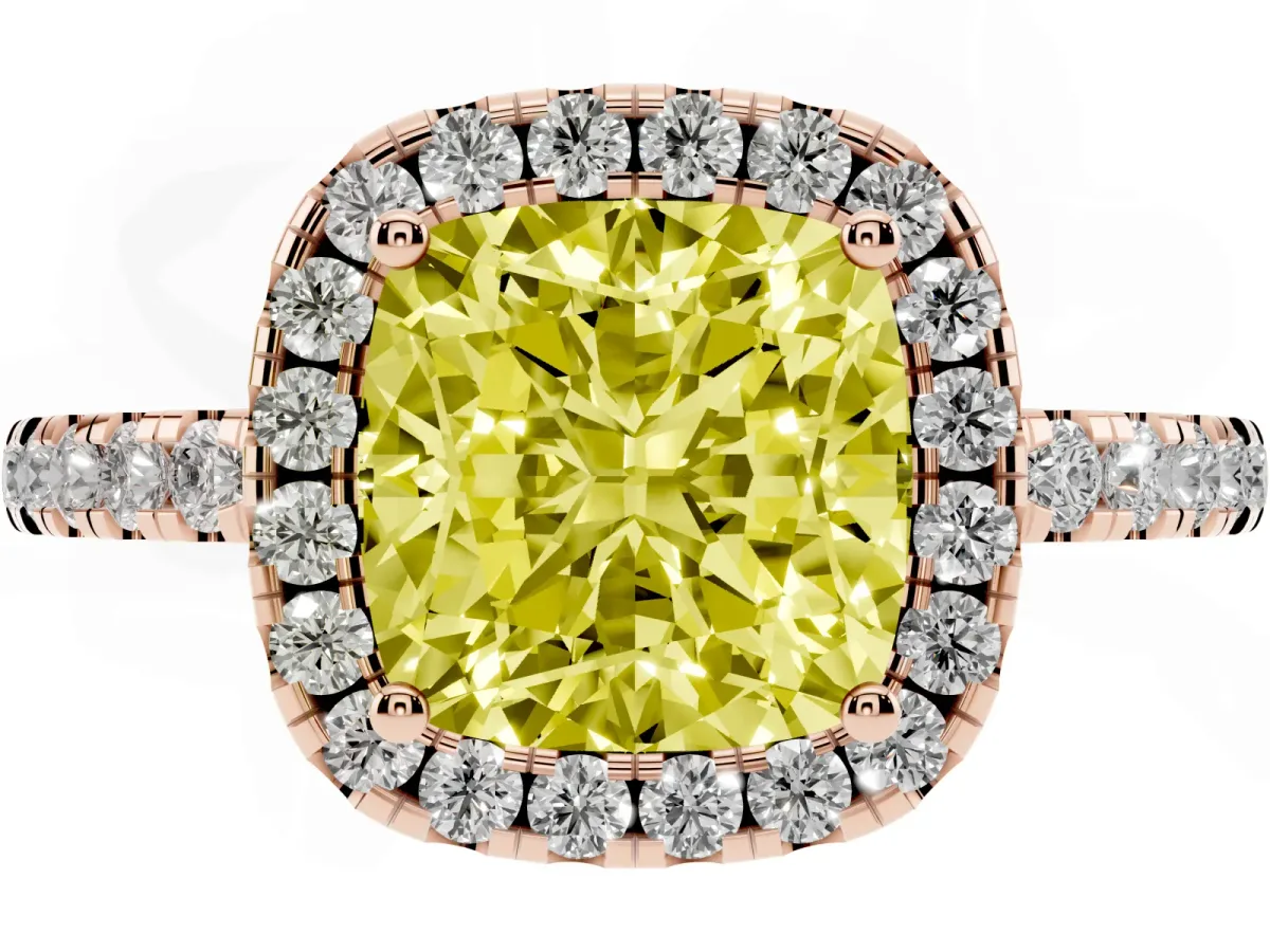 Fancy Yellow Cushion Cut Halo Diamond Engagement Ring with Pavé Band and Four-Prong Setting Rose gold
