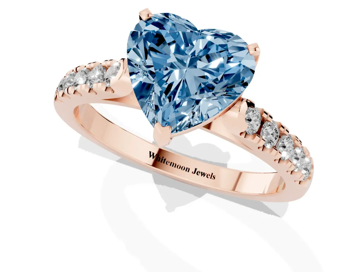 Fancy Blue Heart Cut Diamond Pavé Band Solitaire Ring with Prong Setting Rose gold