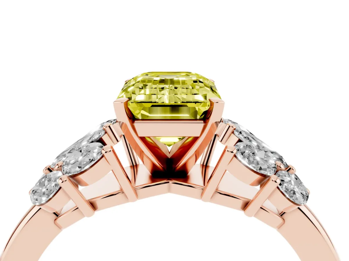 Fancy Yellow Emerald Cut Diamond Cluster Leaf Design Ring with Prong Setting Rose gold