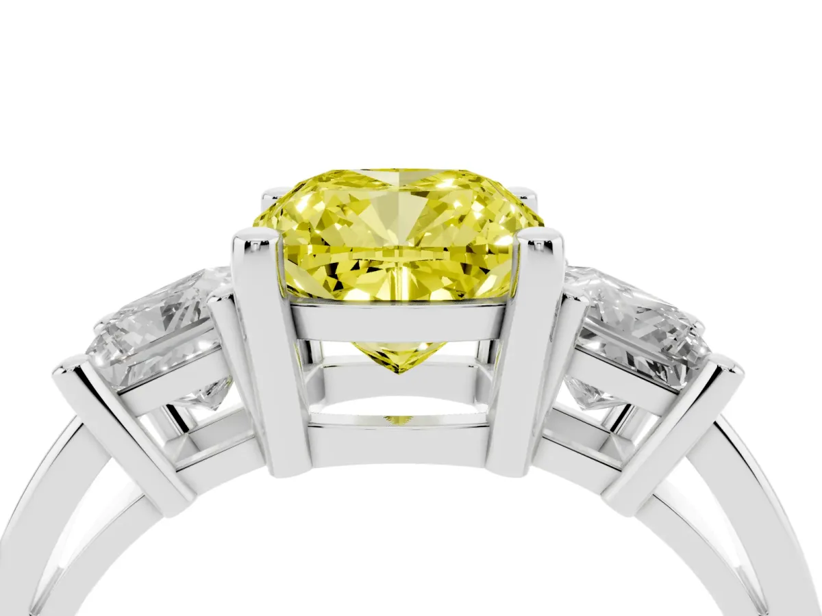 Fancy Yellow Three-Stone Cushion Cut Cut Solitaire Ring with Prong Setting Platinum