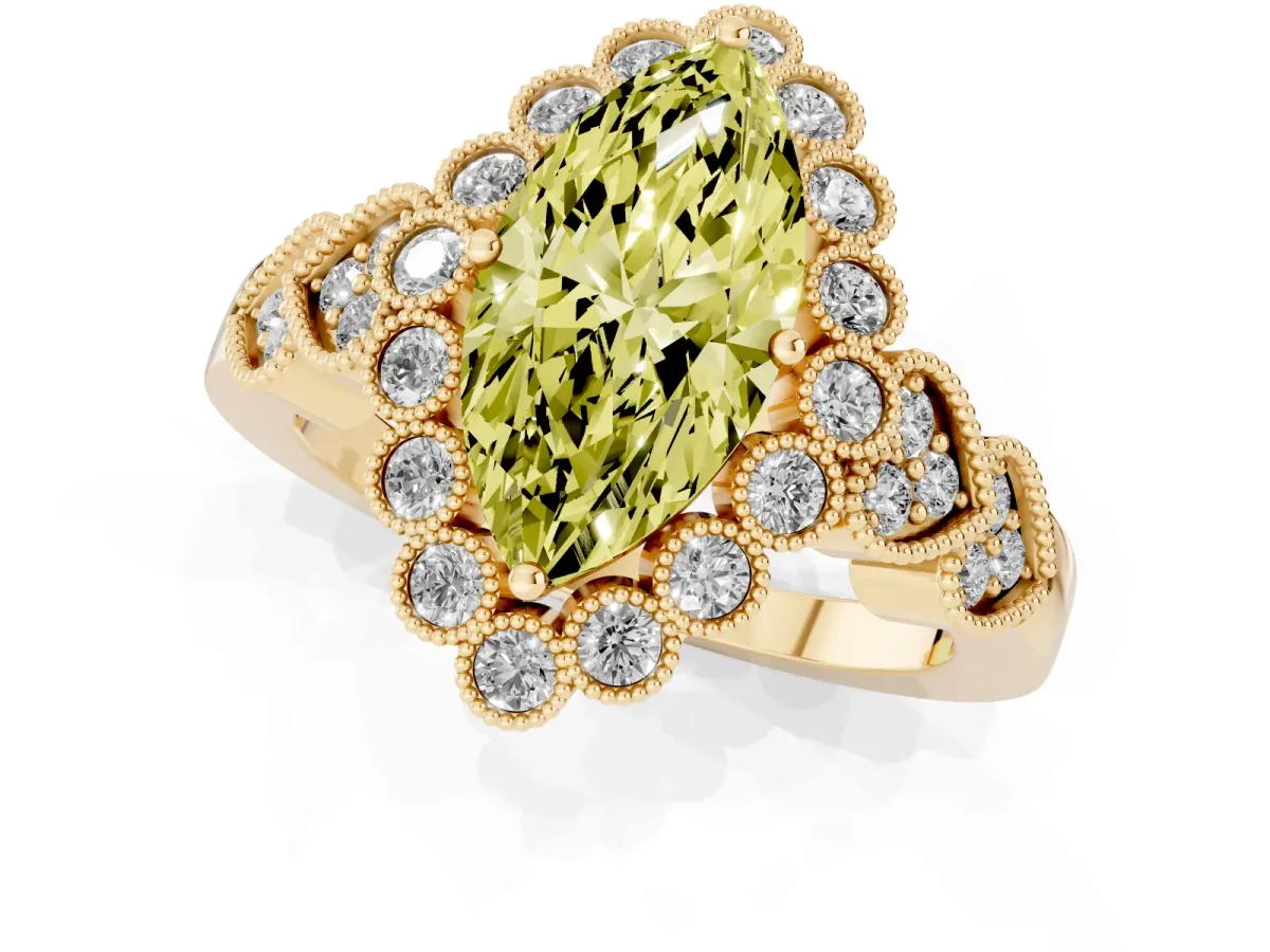 Fancy Yellow Marquise Cut Brilliant Milgrain Pave Heart Band Solitaire Ring Yellow gold