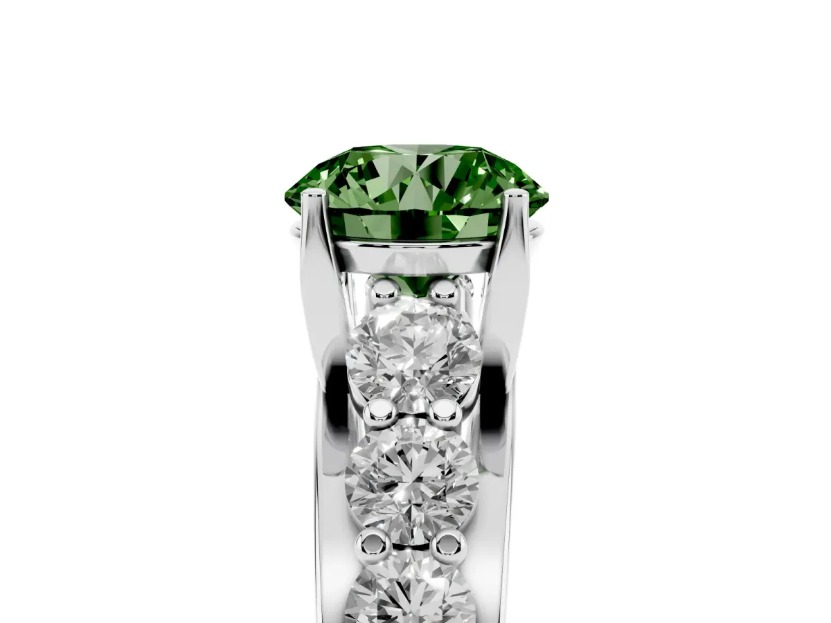 Fancy Green Round Cut Diamond Engagement Ring with Pavé Band and Four-Prong Setting Platinum