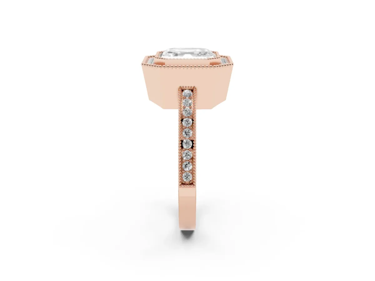 Asscher Cut Cut Halo Diamond Ring with Pavé Band and Milgrain Prong Setting Rose gold