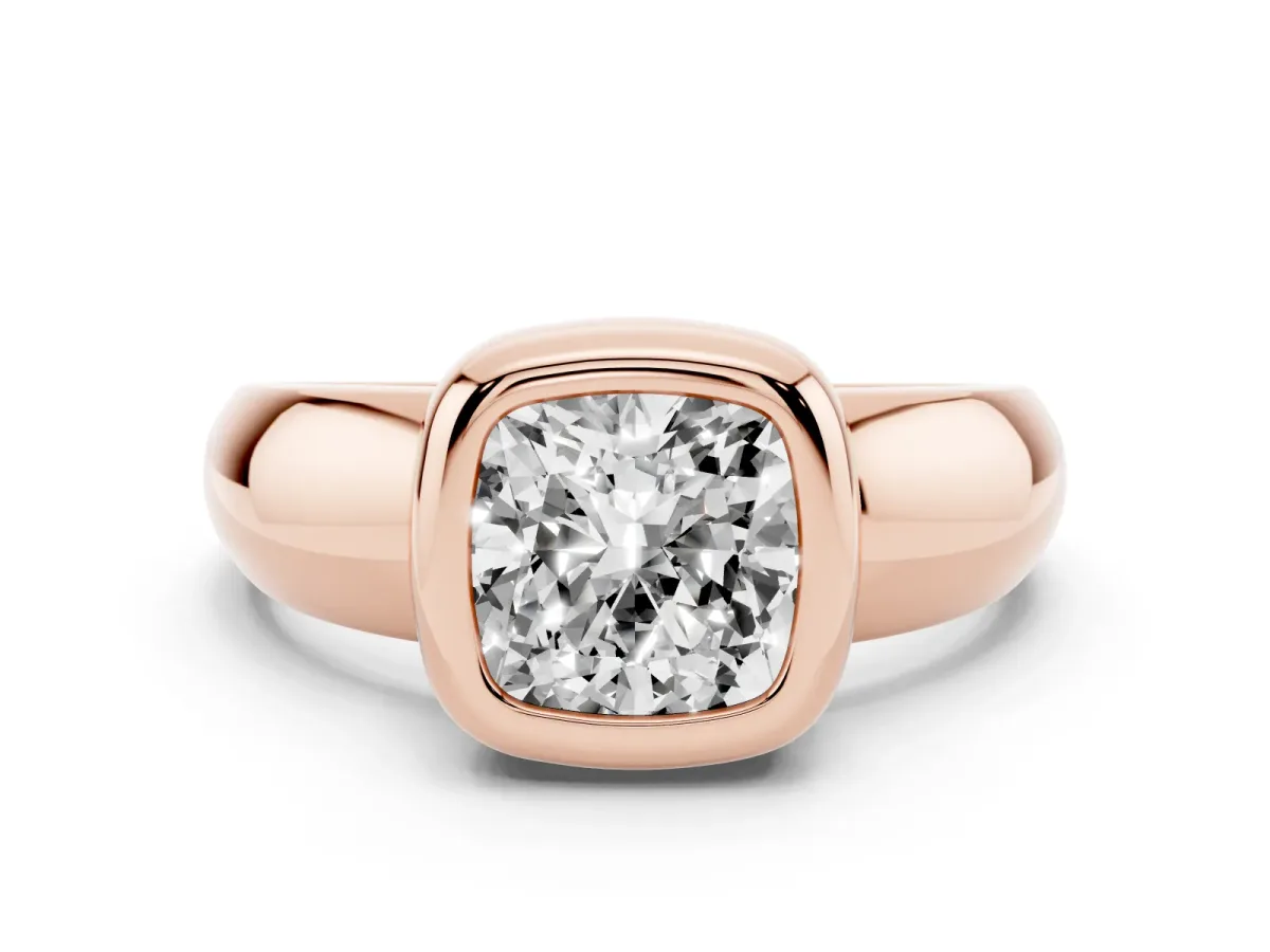 Bezel Set Cushion Cut Solitaire Ring with Wide Band Rose gold