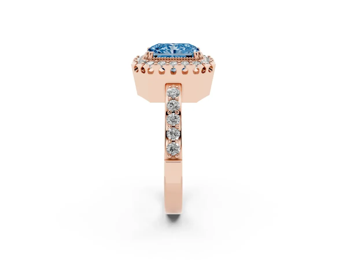 Fancy Blue Radiant Cut Diamond Halo Ring with Pavé Band and Prong Setting Rose gold