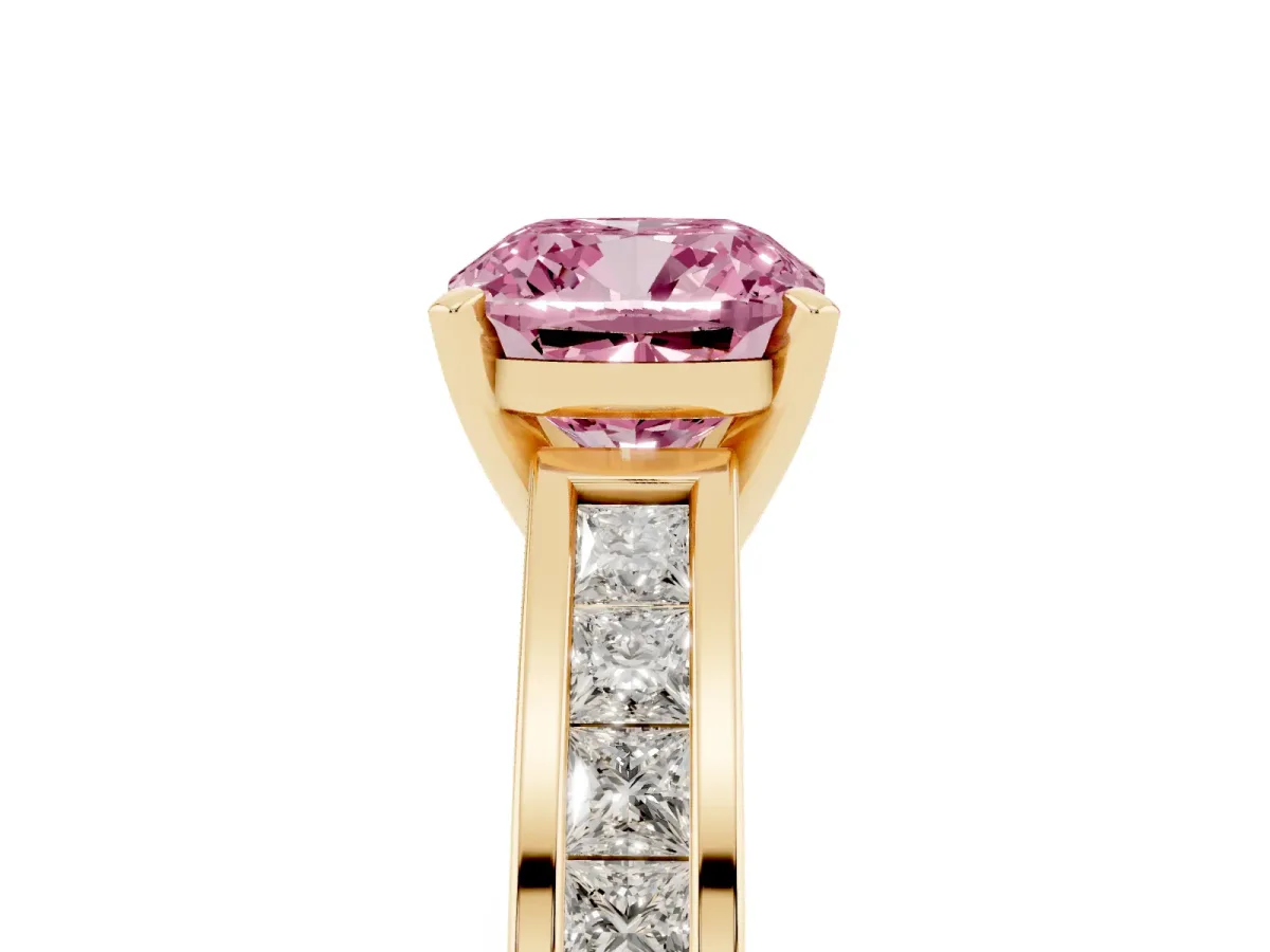 Fancy Pink Cushion Cut Solitaire Diamond Ring with Channel-Set Band and Four-Prong Setting Yellow gold