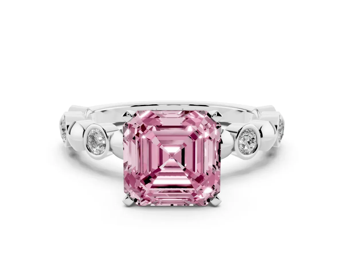 Fancy Pink Asscher Cut Solitaire Bezel-Set Diamond Ring with Beaded Band and Four-Prong Setting Silver