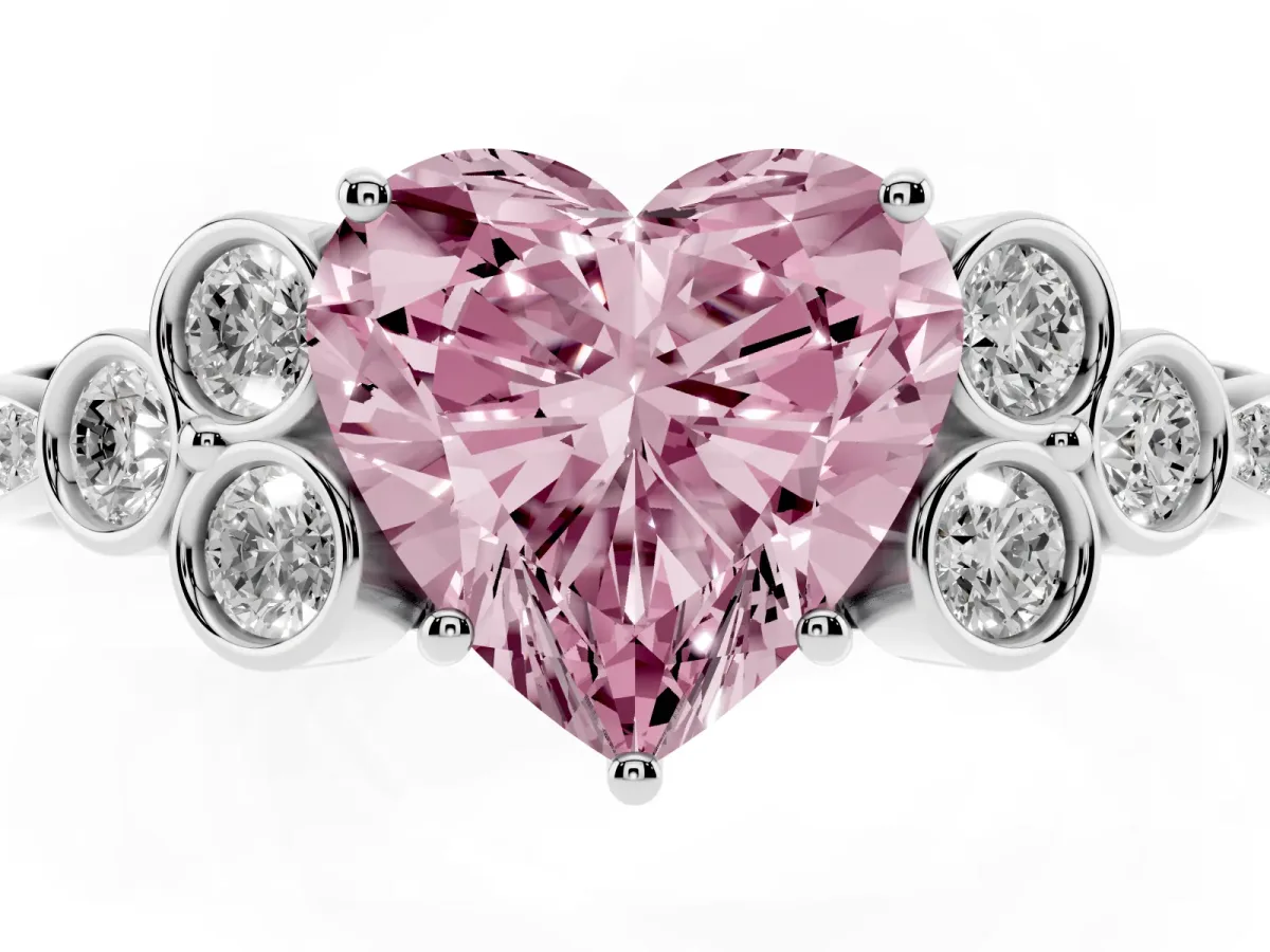 Fancy Pink Heart Cut Cut Diamond Engagement Ring with Bezel Set Round Side Stones and Prong Setting White gold
