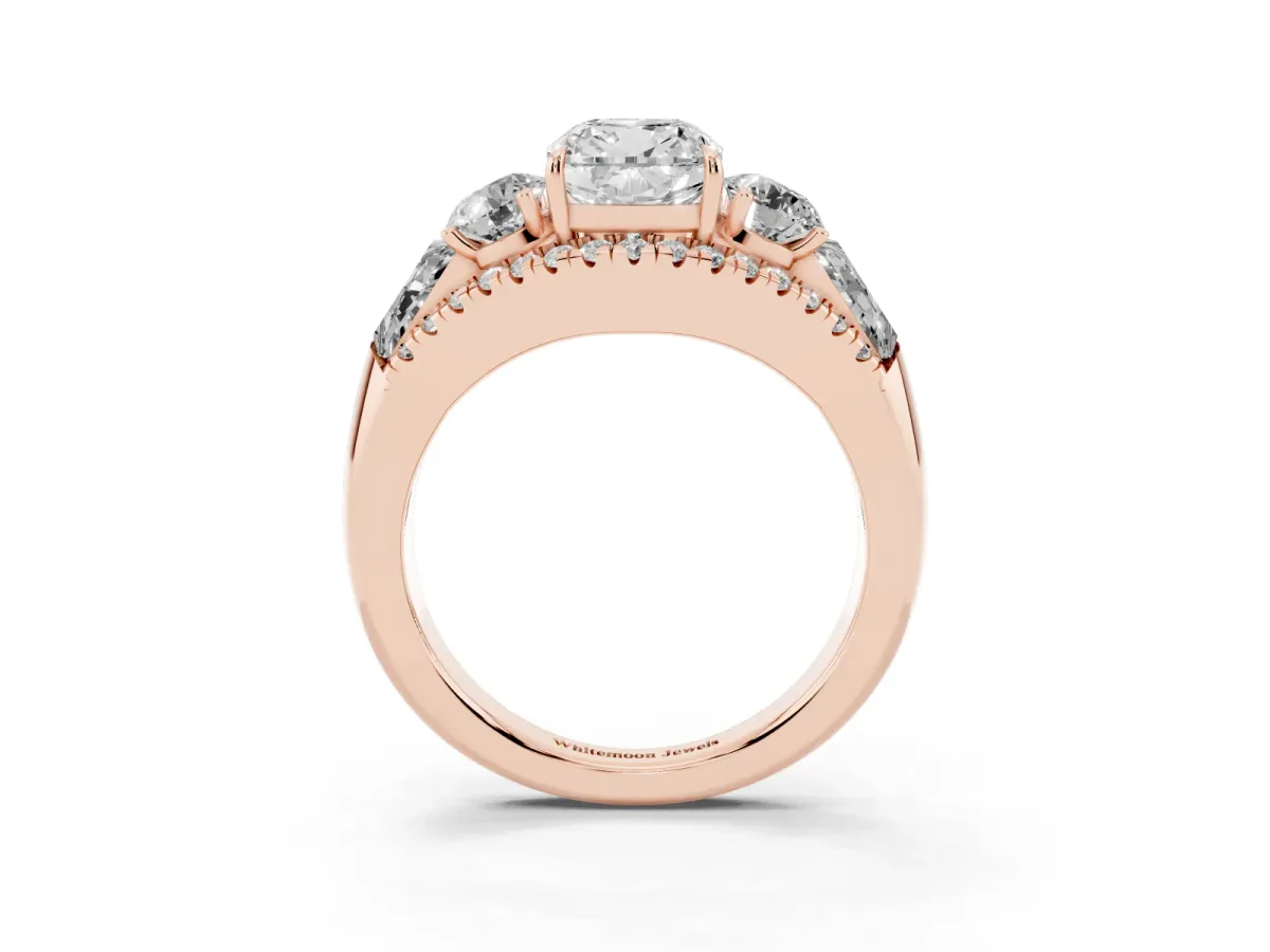 Three-Stone Cushion Cut Diamond Engagement Ring with Pave Band and Prong Setting Rose gold