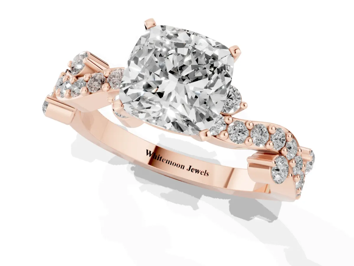 Cushion Cut Cut Solitaire Diamond Twisted Band with Pave Setting Rose gold