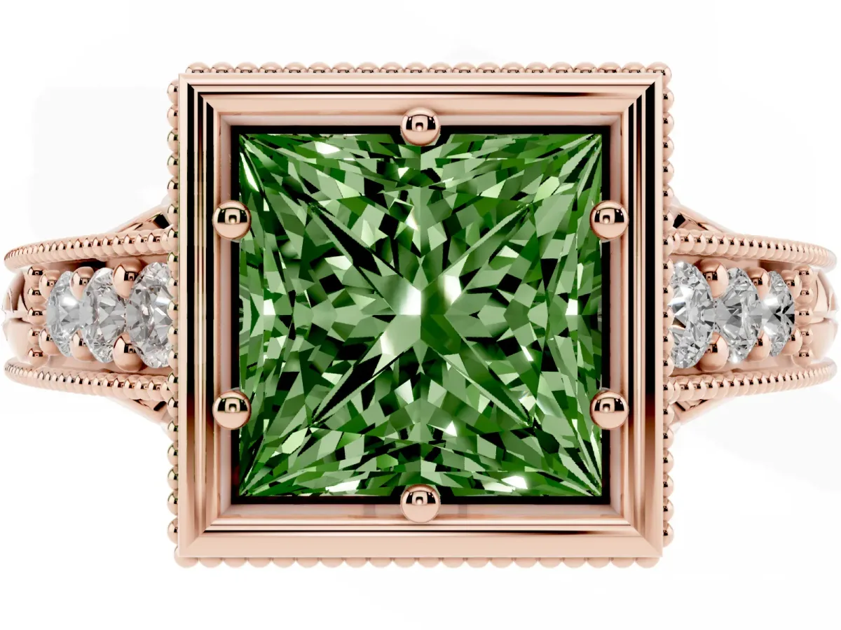 Fancy Green Bezel Set Princess Cut Diamond Milgrain Pave Engagement Ring Rose gold