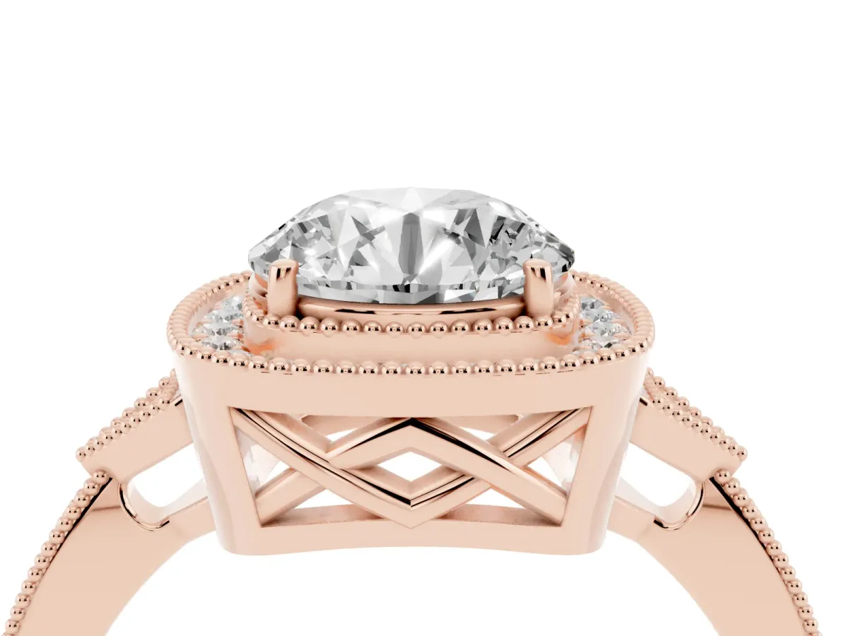 Round Cut Halo Round Diamond Milgrain Pave Engagement Ring Rose gold